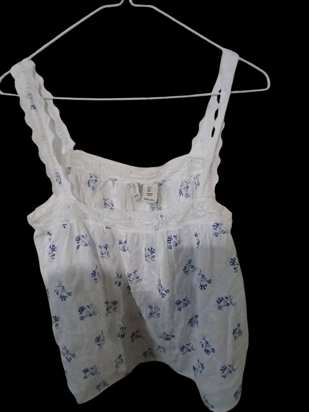 White Cotton Floral Eyelet Blouse with Blue Print Small Nwt